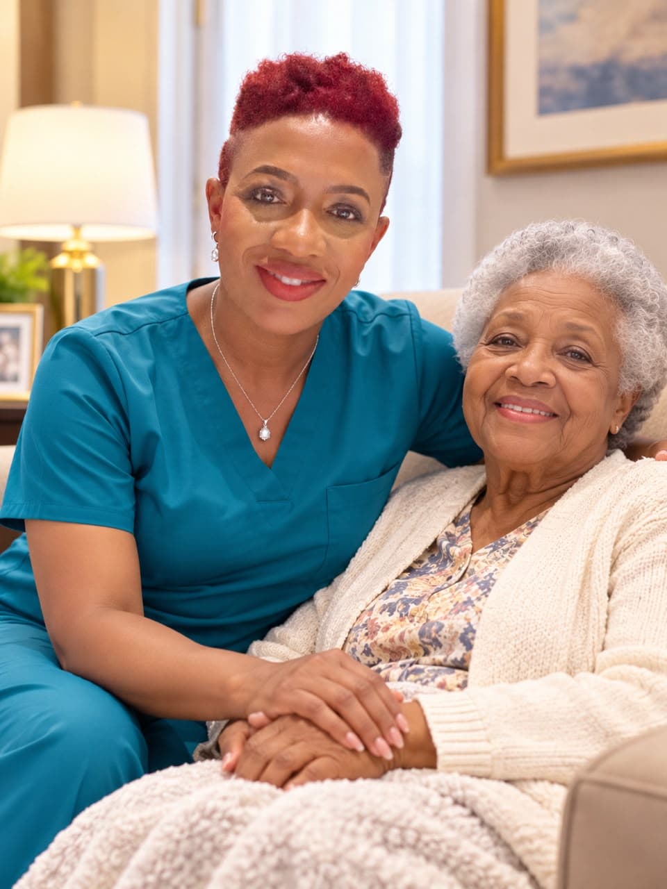 Sherline Jean in teal scrubs, sitting close to a smiling senior woman