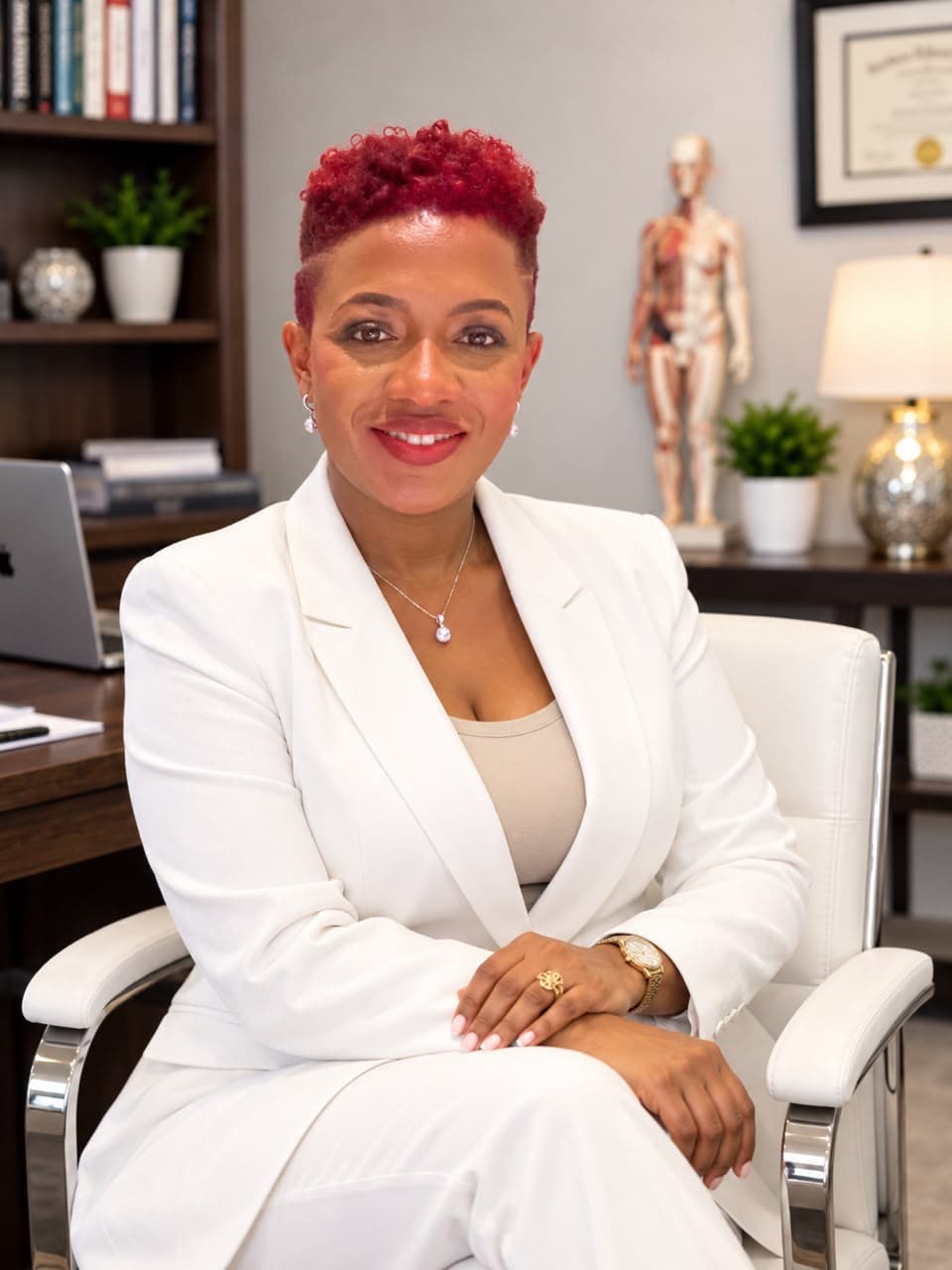 Sherline Jean, CEO of Care for Seniors, seated in her office wearing a white suit